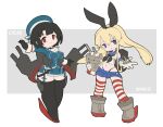  2girls anchor_hair_ornament bangs beret black_gloves black_hair black_neckerchief black_panties blue_eyes blue_headwear blue_sailor_collar blue_skirt breasts elbow_gloves full_body gloves hair_between_eyes hair_ornament hat highleg highleg_panties kantai_collection long_hair long_sleeves military military_uniform miniskirt multiple_girls neckerchief panties red_eyes rensouhou-chan rigging rikona rudder_footwear sailor_collar shimakaze_(kancolle) short_hair simple_background skirt sleeveless standing striped striped_legwear takao_(kancolle) thighhighs two-tone_background underwear uniform white_gloves 