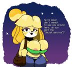  animal_crossing anthro areola areola_slip bedroom_eyes big_breasts black_eyes blonde_hair bottomwear breasts bulging_breasts canid canine canis clothing crop_top denim denim_clothing domestic_dog english_text female hair handbag huge_breasts isabelle_(animal_crossing) jeans looking_at_viewer mammal midriff narrowed_eyes navel nintendo open_mouth pants pink_areola question_mark seductive shih_tzu shirt solo text thick_thighs topwear toy_dog video_games windreg1 yellow_body 