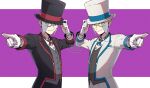  2boys absurdres black_headwear blue_ribbon brothers buttons collared_shirt commentary_request emmet_(pokemon) gloves grey_eyes grey_hair grey_vest hand_on_headwear hat highres ingo_(pokemon) long_sideburns male_focus monocle mugiccha2 multiple_boys neck_ribbon official_alternate_costume pointing pokemon pokemon_(game) pokemon_masters_ex purple_background red_ribbon ribbon shirt short_hair siblings sideburns tailcoat top_hat vest white_gloves white_shirt 