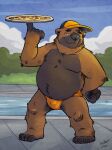  2022 anthro barry_the_pizza_bear belly big_belly brown_body brown_fur bulge clothing detailed_background fur hat headgear headwear hi_res humanoid_hands k-9 male mammal outside overweight overweight_male solo swimming_pool swimwear ursid water 