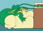  ambiguous_gender belly blush cake dessert food food_fetish lugiaberry lying morbidly_obese nintendo obese on_front overweight pok&eacute;mon pok&eacute;mon_(species) simple_background snivy solo thick_tail video_games 