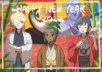  2022 3boys ahoge alternate_costume blonde_hair brown_jacket closed_mouth commentary_request dark-skinned_male dark_skin ear_piercing elio_(pokemon) framed gladion_(pokemon) green_eyes grey_kimono hair_over_one_eye hakama happy_new_year hau_(pokemon) holding jacket japanese_clothes kimono male_focus meowth mugiccha2 multiple_boys oricorio piercing pokemon pokemon_(game) pokemon_sm red_jacket short_hair smile themed_object toucannon white_jacket 