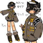  1other androgynous animal_ears armband black_eyes black_hair black_headband brown_fur brown_hair brown_jacket calf_socks dog_ears dog_tail full_body hat headband high_collar highres jacket light_brown_hair looking_at_viewer military_hat multicolored_hair multiple_views one_eye_closed original shima_(wansyon144) short_hair socks streaked_hair tail uniform v white_background 