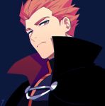  1boy black_cape blue_jacket cape closed_mouth commentary_request frown grey_eyes jacket lance_(pokemon) looking_at_viewer looking_down male_focus pokemon pokemon_(game) pokemon_hgss popped_collar red_hair short_hair simple_background solo spiked_hair upper_body y_(036_yng) 