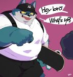  2022 absurd_res anthro belly big_belly bottomwear canid canine canis clothing domestic_dog english_text eyewear glasses hat headgear headwear hi_res humanoid_hands kemono male mammal overweight overweight_male shirt shorts simple_background skateboard solo_focus text tongue tongue_out topwear uokkom 