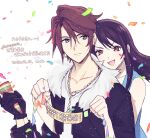  1boy 1girl black_hair brown_hair closed_mouth final_fantasy final_fantasy_viii gloves happy_birthday jewelry long_hair looking_at_viewer necklace noie_(neunteedelstein) open_mouth rinoa_heartilly scar simple_background sleeveless smile squall_leonhart white_background 