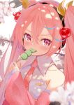  1girl bare_shoulders blush branch cherry cherry_blossoms cherry_hair_ornament collarbone collared_shirt dango detached_sleeves eating food food-themed_hair_ornament fruit hair_ornament hatsune_miku headphones highres holding holding_food long_hair long_sleeves looking_at_viewer multicolored_hair necktie pink_eyes pink_hair sakura_miku shirt sleeves_past_wrists solo streaked_hair takepon1123 twintails very_long_hair vocaloid wagashi 