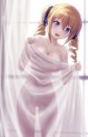  angelina_kudou_shields blonde_hair blue_eyes breasts curtain_grab curtains drill_hair highres holding large_breasts mahouka_koukou_no_rettousei nude pasya-pasya solo twin_drills twintails 