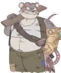  2022 anthro belly big_belly blush bottomwear clothing cute_fangs hammer hi_res humanoid_hands jamiephut kemono male mammal murid murine overweight overweight_male pants rat rodent shirt solo tools topwear 