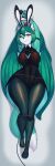  2022 anthro big_breasts blue_eyes blush bound breasts bunny_costume canid canine clothing costume curvy_figure dipstick_tail divafox eyebrows fake_ears fake_rabbit_ears fan_character female fishnet fishnet_legwear fox green_hair hair hands_above_head hatsune_miku hi_res high_heels holding_microphone holding_object hourglass_figure juzztie legwear long_hair looking_at_viewer lying mammal markings microphone necktie on_back pigtails shirt_collar solo tail_markings twintails_(hairstyle) vocaloid 