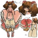  1other :&lt; :/ androgynous animal_ears arms_up boots bow brown_eyes brown_fur brown_hair chinese_clothes cross-laced_footwear dog_ears dog_tail frilled_footwear frilled_hairband frilled_legwear frilled_pants frilled_sleeves frills full_body glasses gradient_hair hairband highres lace-up_boots long_sleeves looking_at_viewer multicolored_hair multiple_views original pekingese personification pink_footwear puffy_pants ribbon shima_(wansyon144) short_twintails sleeves_past_fingers sleeves_past_wrists standing tail tail_bow tail_ornament tail_ribbon twintails white_background wide_sleeves 