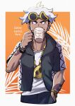  1boy absurdres arm_tattoo black_hair black_jacket black_pants border character_print commentary cup dated drinking eyewear_on_head guzma_(pokemon) hand_in_pocket highres holding holding_cup hood hooded_jacket jacket male_focus mugiccha2 multicolored_hair orange_background pants pokemon pokemon_(game) pokemon_sm shirt short_hair short_sleeves sideways_glance signature skitty solo sunglasses tattoo team_skull two-tone_hair undercut white_border white_hair white_shirt yellow-framed_eyewear 