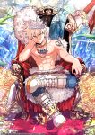  1boy absurdres bakugou_katsuki bangs blonde_hair boku_no_hero_academia boots coin crown crystal fur_trim gold grin highres huge_weapon knee_boots looking_at_viewer male_focus multiple_necklaces red_eyes short_hair smile solo spiked_hair sword tattoo throne topless_male twitter_username v-shaped_eyebrows waist_cape weapon yazaki_(yazakc) 