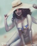  1girl absurdres bare_shoulders beach bikini blue_eyes blue_hair breasts cleavage collarbone colored_skin elden_ring extra_arms facial_mark glowing_tattoo grey_skin hat highres large_breasts looking_at_viewer one_eye_closed ranni_the_witch shikarii sitting smile solo sun_hat swimsuit 