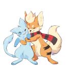  3_fingers 3_toes 4_fingers aishasoup ambiguous_gender anthro black_nose blue_body blue_eyes blue_fur duo embrace eyes_closed facial_tuft feet feral fingers fur growlithe half-closed_eyes hi_res hug legendary_pok&eacute;mon male mew narrowed_eyes nintendo nose_tuft open_mouth orange_body orange_fur pok&eacute;mon pok&eacute;mon_(species) scar scarf tanashi toes video_games yellow_body yellow_fur 