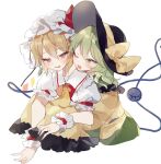  2girls ;d ascot bangs black_headwear blonde_hair bow flandre_scarlet green_eyes green_hair hat hat_bow hat_ribbon highres komeiji_koishi long_sleeves multiple_girls one_eye_closed puffy_short_sleeves puffy_sleeves red_eyes ribbon short_hair short_sleeves simple_background smile sorani_(kaeru0768) third_eye touhou white_background white_headwear wide_sleeves wrist_cuffs yellow_ascot yellow_bow 