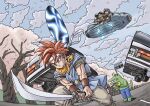  1girl car chrono_trigger closed_mouth cloud crono_(chrono_trigger) glasses ground_vehicle headband helmet highres lucca_ashtear motor_vehicle portal_(object) purple_hair red_hair robo_(chrono_trigger) robot short_hair smile spiked_hair sword tree weapon yuto_sakurai 