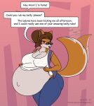  2021 anthro belly big_belly blush bottomwear brown_hair butt canid canine canis clothing digital_media_(artwork) domestic_dog ear_piercing ear_ring english_text eyewear female fur glasses hair hi_res mammal multicolored_body multicolored_fur navel open_mouth outie_navel pants piercing pregnant red_eyes satsumalord shiba_inu shiba_sarah shirt solo spitz tail_motion tailwag text thick_thighs topwear two_tone_body two_tone_fur 