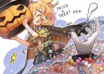  1girl 1other :d ^_^ animal_ears arknights bandage_over_one_eye bandaged_arm bandages black_cape black_headwear black_skirt blonde_hair blue_background blush candy_wrapper cape closed_eyes front-tie_top gloves hair_ornament hands_up hat holding jack-o&#039;-lantern kroos_(arknights) long_hair long_sleeves mitake_eil nail_polish navel orange_nails plaid plaid_shirt puffy_short_sleeves puffy_sleeves shirt short_sleeves skirt skull_hair_ornament smile tail teeth trembling trick_or_treat two-tone_background upper_teeth white_background white_gloves witch_hat yellow_shirt 