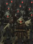  3d absurdres army blender_(medium) blurry blurry_background cable cyclops english_commentary glowing glowing_eye gun gundam gunpla highres hose machine_gun machinery mecha mjeff mobile_suit mobile_suit_gundam model_kit one-eyed photorealistic radio_antenna realistic red_eyes shield spikes tube weapon zaku zaku_ii zeon 