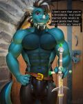  abs anthro belt big_penis bulge dragon flaccid genitals heavy_balls hi_res katarhein male medieval melee_weapon muscular penis smile solo stretched_clothing stretching sword thick_penis weapon 