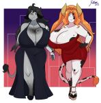  anthro big_breasts bovid bovine breast_squish breasts breasts_frottage cattle cleavage clothed clothing dress duo female female/female hair huge_breasts jwinkz mammal orange_hair squish 