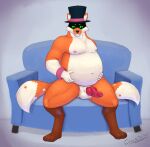  2_tails anthro balls canid canine clothing cowardlion digitigrade fox furniture genitals green_eyes hand_on_stomach hat headgear headwear hi_res knot male mammal multi_tail penis shadowed_eyes slightly_chubby sofa top_hat 