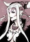  1girl breasts closed_mouth dress earrings facial_mark final_fantasy final_fantasy_viii fur_trim highres horns jewelry long_hair monochrome necklace noie_(neunteedelstein) pointy_ears simple_background solo ultimecia 