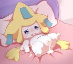  &lt;3 &lt;3_eyes absurd_res bed bite blue_eyes blush bodily_fluids condom cum cum_in_pussy cum_inside female filled_condom furniture genital_fluids hi_res jirachi legendary_pok&eacute;mon looking_pleasured nintendo on_bed pok&eacute;mon pok&eacute;mon_(species) sexual_barrier_device solo video_games white_body zwishi 