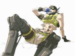  1boy abs apex_legends belt black_belt black_gloves black_headwear cropped_vest drinking_straw_in_mouth fingerless_gloves gloves goggles green_vest grey_shorts highres looking_up male_focus mask mechanical_legs navel octane_(apex_legends) shorts sitting sketch smile solo thundergotch vest 