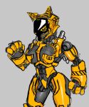  abs absurd_res alternate_version_at_source anthro biped breasts felid feline female fist grey_body hi_res im51nn5 looking_at_viewer machine mammal nude robot simple_background solo standing thick_thighs yellow_body yellow_eyes 