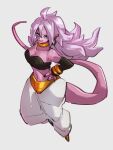  1girl android_21 bare_shoulders blue_eyes breasts cleavage crop_top dragon_ball dragon_ball_fighterz flying full_body glasses grey_background hair_between_eyes hand_on_hip kemachiku long_hair majin_android_21 midriff navel pink_hair simple_background solo 