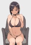  1girl armchair bare_shoulders bikini black_eyes black_hair blush bob_cut breasts brown_bikini chair closed_mouth hand_on_own_chest highres jewelry large_breasts legs_together looking_at_viewer navel nora_higuma original ring simple_background sitting smile solo sweatdrop swimsuit wedding_band white_background 