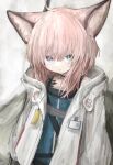  1girl :o ahoge animal_ear_fluff animal_ears arknights bangs black_choker blue_dress blue_eyes choker commentary_request dress eyebrows_visible_through_hair fox_ears hair_between_eyes highres jacket long_sleeves looking_at_viewer open_clothes open_jacket parted_lips piennamekuzi pink_hair puffy_long_sleeves puffy_sleeves solo sussurro_(arknights) white_jacket 