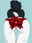  2021 3:4 anthro avian biped bird black_body black_hair blue_background butt christmas female genitals gift hair hi_res holidays nude penguin pinuppengie presenting presenting_pussy pussy rear_view simple_background solo talvi_(pinuppengie) white_body wraps 