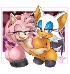  amy_rose anthro areola big_breasts big_butt blue_eyes breast_squish breasts breasts_frottage butt chiropteran clothing duo eulipotyphlan female genitals green_eyes hedgehog janesheep leggings legwear looking_at_viewer mammal nude pussy rouge_the_bat sega sonic_the_hedgehog_(series) squish 