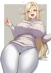 1girl blonde_hair blue_eyes blush breasts cawfield elf highres large_breasts long_hair long_pointy_ears long_sleeves nose_blush open_mouth original pants pointy_ears ribbed_sweater saliva solo sweater tongue tongue_out very_long_hair white_pants white_sweater 