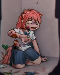  blood bodily_fluids bottomwear bully canid canine canis clothing domestic_cat domestic_dog felid feline felis female fur_(theterm) hair kblankii_(artist) mammal mutilation red_hair scared school_uniform scissors skirt solo uniform wounded yellow_eyes 