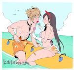 1boy 1girl bandaid bandaid_on_leg bikini black_hair blonde_hair blue_eyes blush breasts bulge candy cat cloud cloud_strife couple earrings eating erection erection_under_clothes final_fantasy final_fantasy_vii final_fantasy_vii_remake food goggles goggles_on_head hairband hickey highres ice_cream jewelry large_breasts long_hair mugikoma ocean open_mouth outdoors red_hairband sitting spiked_hair swimsuit tifa_lockhart 