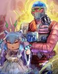  1boy 1girl apron blue_hair burnt closed_eyes cowboy_shot crossed_arms cyborg dragon_girl dragon_horns duel_monster fingerless_gloves fire frilled_apron frills gloves green_eyes hands_on_own_head hatano_kiyoshi helmet horns jinzo_#7 laundry_dragonmaid long_sleeves maid_apron mask no_sclera purple_hair short_hair wide_sleeves yu-gi-oh! 