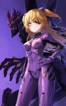  1girl absurdres bangs blonde_hair bodysuit breasts crossover eyepatch fischl_(genshin_impact) genshin_impact gloves green_eyes hair_over_one_eye hair_ribbon highres kokukyukeo long_hair looking_at_viewer medium_breasts neon_genesis_evangelion pilot_suit plugsuit ribbon solo 