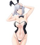  1girl animal_ears black_bow black_bowtie black_hairband bow bowtie breasts cowboy_shot cyka detached_collar fake_animal_ears female_pubic_hair girls&#039;_frontline hairband highres large_breasts leotard playboy_bunny pubic_hair pubic_hair_peek purple_eyes rabbit_ears rpk-16_(girls&#039;_frontline) see-through_leotard short_hair silver_hair smile solo standing strapless strapless_leotard translucent_bunnysuit wrist_cuffs 