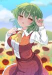  1girl arm_up ascot bangs blurry blurry_background blush breasts collared_shirt commentary_request flower frilled_skirt frills garden_of_the_sun green_hair green_nails highres kazami_yuuka large_breasts long_sleeves looking_at_viewer narrowed_eyes open_mouth plaid plaid_skirt plaid_vest ramudia_(lamyun) red_eyes red_skirt red_vest shirt short_hair skirt solo sunflower touhou twitter_username vest white_shirt wing_collar yellow_ascot 