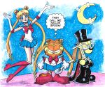  absurdres bishoujo_senshi_sailor_moon black_cape black_headwear black_pants blonde_hair blue_eyes blue_skirt boots cape cat cosplay crescent_moon crossed_legs crossover dog english_commentary english_text garfield garfield_(character) gary_barker hat high_heel_boots high_heels highres holding holding_spoon knee_boots magical_girl moon odie_(garfield) open_hands pants red_footwear sailor_moon sailor_moon_(cosplay) sailor_senshi_uniform skirt smile spoon thought_bubble top_hat tsukino_usagi tuxedo_kamen tuxedo_kamen_(cosplay) 