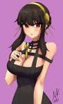  1girl :o absurdres bare_shoulders between_breasts black_dress black_hair blush breasts cleavage dagger dress earrings eyebrows_visible_through_hair gold_earrings gold_hairband gvm_(moog0514) hand_on_own_chest hand_up highres jewelry knife large_breasts long_hair open_mouth pink_background raised_eyebrows red_eyes rose_hair_ornament short_hair_with_long_locks sidelocks signature simple_background solo spikes spy_x_family upper_body weapon yor_briar 