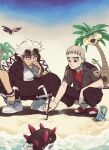  2boys alolan_exeggutor aodamo bird can commentary_request day drawing drinking eyewear_on_head flip-flops grey_hair guzma_(pokemon) highres hood hooded_jacket jacket male_focus multiple_boys nanu_(pokemon) open_clothes open_jacket outdoors pants pokemon pokemon_(creature) pokemon_(game) pokemon_sm pyukumuku red_eyes red_shirt sand sandals shirt shoes shore short_sleeves squatting stick sunglasses team_skull tic-tac-toe toucannon water white_footwear white_hair white_shirt yellow-framed_eyewear 