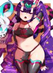  1girl armpits black_choker black_legwear breasts choker covered_nipples creature detached_sleeves earrings fate/grand_order fate_(series) hand_up headpiece highres jewelry long_sleeves looking_at_viewer low_twintails medium_hair open_mouth pelvic_curtain pointy_ears purple_eyes purple_hair shawl shuten_douji_(fate) shuten_douji_(halloween_caster)_(fate) small_breasts solo stirrup_legwear thigh_gap thighhighs toeless_legwear toes twintails utsusumi_kio 