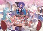  3girls animal_ears animal_on_shoulder bangs black_shirt blue_eyes blue_hair braid breasts cake denim denim_jacket elira_pendora ember_(selen_tatsuki) extra_eyes facial_mark food forehead_mark fox_ears fox_girl fruit green_sweater grey_hair hair_over_one_eye head_wings heterochromia highres hood hooded_jacket jacket long_hair medium_breasts medium_hair multiple_girls nijisanji nijisanji_en nina_kosaka official_art one_eye_covered open_mouth parfait pikl_(elira_pendora) pink_jacket purple_eyes purple_hair red_eyes selen_tatsuki shirt sitting skirt smile strawberry sweater twin_braids uonomeuroko virtual_youtuber white_headwear white_shirt white_skirt 