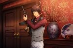  1boy aijima_cecil belt blue_eyes bolo_tie box brown_belt brown_hair closed_mouth cowboy_shot door doorknob fingernails formal game_cg grey_vest gun hand_up highres holding holding_gun holding_weapon indoors jacket looking_at_viewer male_focus official_art open_clothes open_collar open_jacket pants peach_blossom pinstripe_pattern plate porcelain red_shirt rifle serious shirt short_hair solo standing striped table uta_no_prince-sama uta_no_prince-sama:_shining_live vase vest wallpaper_(object) weapon white_pants wooden_door 