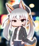  1girl animal_ear_fluff animal_ears fox_ears fox_girl fox_tail hat highres island_fox_(kemono_friends) kemono_friends kemono_friends_v_project long_hair looking_at_viewer lost_judgment microphone multicolored_hair parody rakugaki_arai ribbon smile solo tail virtual_youtuber 